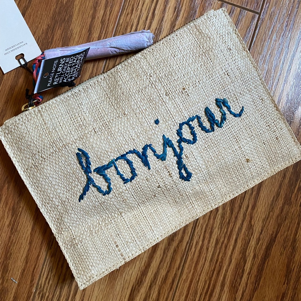KAYU WOVEN STRAW POUCH CLUTCH BONJOUR AU REVOIR NEW WITH TAGS 🇫🇷🇫🇷🇫🇷🇫🇷